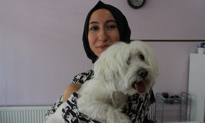 Kayseri’de devlet desteğiyle açtığı kuaför salonunda evcil hayvanları güzelleştiriyor